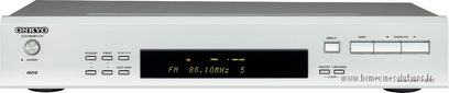 Onkyo T-4555E FM RDS-tuner, frontvisning, blåt digitalt display, sølvfarvede knapper og drejeknapper på mørk grå frontpanel