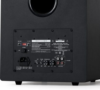 Siyah Elipson Classic Sub 10 subwoofer, dairesel bas refleks portu, ayar düğmeleri ve RCA bağlantılarıyla arkadan görünüm