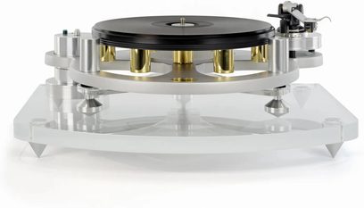 Børstet aluminiums platespiller fra Michell Engineering Iso Base, 3 justerbare føtter, blankt svart platespillertallerk med tonarm