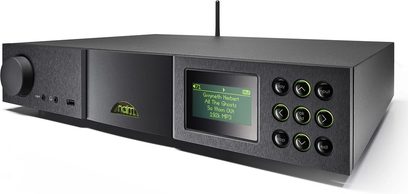 System hi-fi Naim Audio SuperUniti w kolorze czarnym, widok z przodu, z wyświetlaczem LCD, przyciskami i złączami na panelu przednim