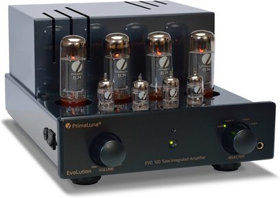 Amplificatore a valvole PrimaLuna EVO 100 nero, vista frontale, 4 valvole sulla parte anteriore, selettore e manopola del volume a destra