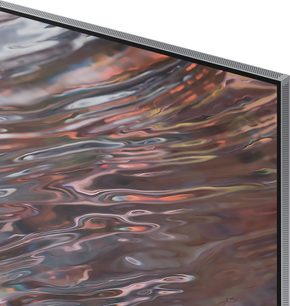 Samsung QE85QN800A TV-skærm, der viser flydende, bølgede, farvede abstrakte former på en mørk baggrund