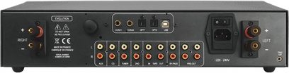 Amplificador hi-fi estéreo Atoll Electronique IN200 Evolution negro, vista trasera, conectores RCA, puertos coaxiales, ópticos, USB, terminales para altavoces