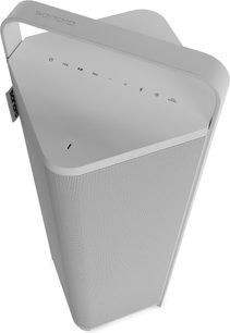 Altavoz Bluetooth portátil Sonoro Vibes XL blanco, diseño vertical con asa integrada y gran rejilla frontal metálica