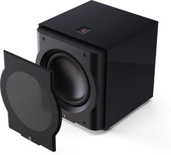 Subwoofer Perlisten D12s negru lăcuit, vedere din unghi, grilaj detașabil, difuzor circular, suprafață netedă