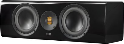 Elac Solano 2.0 CC281.2 centralhøjtaler i sort, lakeret kabinet, med to woofere og centralt båndtweeter, set fra trekvart forfra