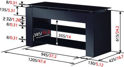 Černý TV stolek s podrobnými rozměry v centimetrech, čelní pohled v perspektivě, s otevřenou policí a číslem modelu 385/19.2