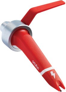 Celulă Ortofon Concorde MKII DIGITAL roșie și gri, vedere laterală, vârful acului vizibil, corp din plastic, conector în spate