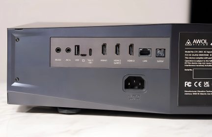 Baksiden av AWOL Vision-videoprojektoren med synlige porter for HDMI, USB, Type-C, LAN, S/PDIF og strøminngang