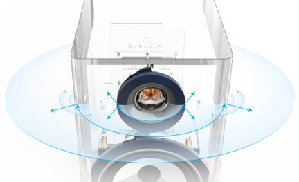 Bovenaanzicht van een ingebouwde projector met een lichtstraal en blauwe pijlen die de richting van het licht aangeven