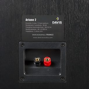 Reproduktor Davis Acoustics Ariane 2, dřevěné černé dýhování, pohled zezadu, zapuštěná svorkovnice s červenými a černými svorkami