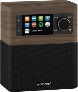 Radio Sonoro Stream z obudową z orzecha - czarna, widok z przodu, dotykowy ekran wyświetlający "Smart Radio", przyciski, czarna maskownica głośnika