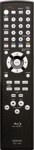 Sort Denon RC-1181 fjernbetjening med grå og hvide knapper, set forfra
