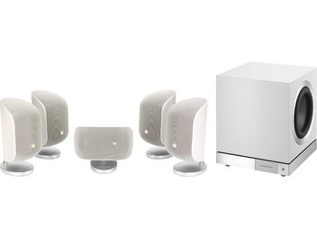 Комплект компактних акустичних систем Bowers & Wilkins MT80-D у білому сатиновому виконанні: 5 еліптичних сателітів і 1 кубічний сабвуфер