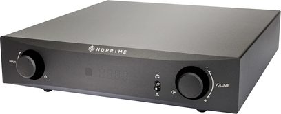 Nuprime IA-9X sort hi-fi stereforstærker, frontvisning med kontrolknapper og stik, rektangulært kabinet