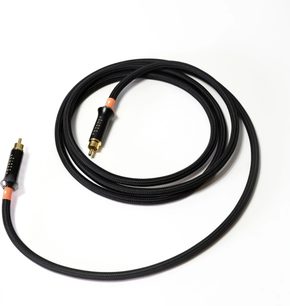 Cavo coassiale digitale Advance Paris LINK Coaxial 1 m nero con guaina intrecciata in nylon, connettori RCA placcati oro con corpo nero lucido e manicotto arancione direzionale, vista dall’alto