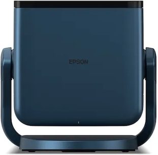 Epson EF-22N projektor, frontvisning, matblå rektangulær kasse, buet stander, blank sort øvre kant