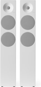 To højttalere Tangent Spectrum II X6 i hvid, set forfra, med dobbelte cirkulære metalgitter, indbygget diskant