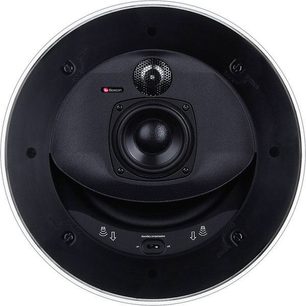 Boston Acoustics VSi5830 indbygget højttaler, set forfra, central diskant, rund sort basmedhøjttaler, aftagelig hvid gitterdæksel