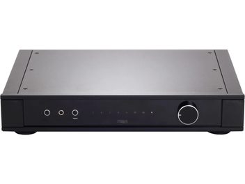 Amplificador de alta fidelidad estéreo Rega Elex MK4 negro, vista frontal, 4 botones giratorios, 3 botones pulsadores, toma de auriculares, panel frontal de aluminio cepillado