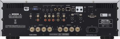 Rotel RA-1592 sort hi-fi stereoforstærker, frontpanel, forfra. Sort frontpanel med knapper, stik og display