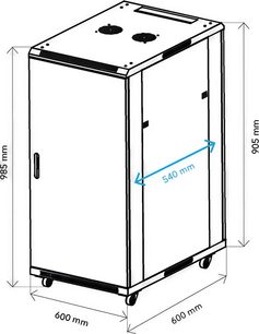 Norstone Pro Rack 18U IT cabinet, isometric view, rectangular structure, 2 circular openings on the top, 4 casters