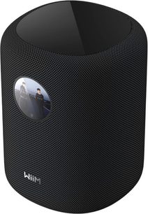Sort cylinderformet Wiim Sound Display smart højttaler i meshstof, cirkulært frontdisplay, blank top