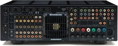 Cambridge Audio Azur 651R sort hjemmebiografsforstærker, frontpanel, frontvisning, mange stik og knapper