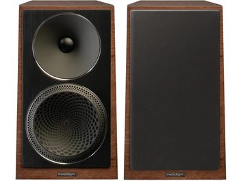 Paradigm Founder 40B bookshelf speaker in walnut, front and side view, wooden enclosure, black woofer, silver tweeter