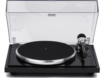 Giradischi hi-fi EAT European Audio Team B-Sharp nero, vista frontale, coperchio trasparente sollevato, piatto circolare nero, braccio di lettura a destra