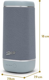 Bluetooth-Lautsprecher Roberts Reunion, von vorne, hellblaue Kunststoffhülle, graues Metallgitter, Logo, LED-Anzeigen und unterer Knopf