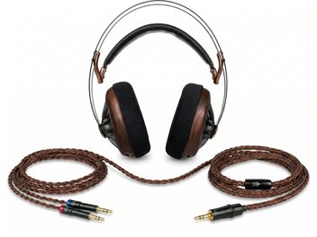 Cuffie circumaurali nere e in legno con archetto metallico e cavo intrecciato marrone con connettori jack staccabili