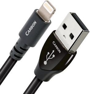 Kabel USB Audioquest Carbon USB A do Lightning, czarny, srebrne złącza, 1,5 metra, widok z przodu