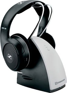 Otevřená hifi sluchátka Sennheiser RS-120 II černá, pohled z levé přední strany, položená na bílém nabíjecím stojanu