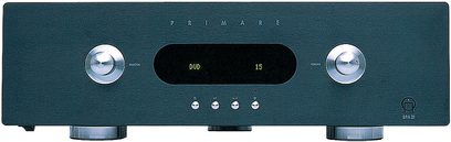 Primare SPA 21 black stereo hi-fi amplifier, front view, with digital display, buttons and inputs on the front panel