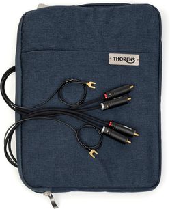 Thorens PhonoConnect PHC 150 phono-kabel RCA-RCA 1,5 m svart med flettet nylonkappe, gullbelagte RCA hannkontakter med røde og hvite merkeringer og gaffelterminaler, sett ovenfra