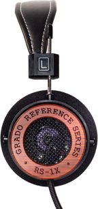 Grado RS1x open-back hi-fi headphones, side view, circular wooden earcup, black grille, black cushion, black headband with white stitching