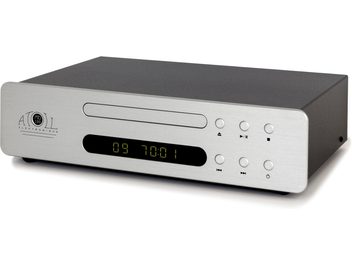 High-fidelity CD player Atoll Electronique MD100 Evolution silver, three-quarter view, front panel with circular buttons and digital display
