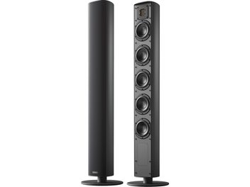 Trådløs tilsluttet højttaler Piega Ace 50 Wireless (TX + RT) sort, set forfra og fra siden, 5 cirkulære højttalere