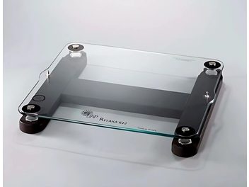 Relaxa vibrationsdæmper 622 tablet i gennemsigtigt glas, rektangulær, på 4 sorte cylindriske ben, set ovenfra