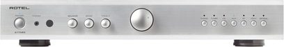 Integrert stereo hi-fi forsterker A11 MKII, frontvisning, sølvfinish, sirkulære knapper, hodetelefonkontakter, inngangsvelgere