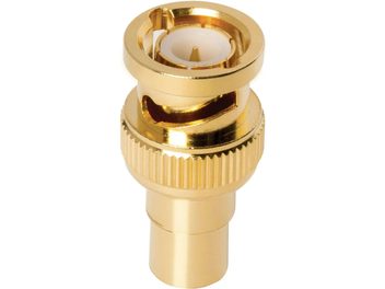 Adattatore Audioquest da RCA femmina a BNC maschio dorato con ghiera zigrinata vista frontale
