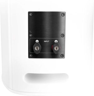 Focal Standlautsprecher Sopra N°3, Rückansicht, rechteckiges schwarzes Panel mit 2 Eingangsklemmen, weiße Oberfläche, unterer Bassreflexöffnung