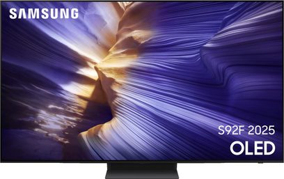 Samsung TQ77S92F TV 2025, OLED-skærm i glas, slank sort ramme, på centralt stativ, set forfra