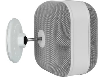 Suport de perete pentru boxe Monitor Audio MASM Mount alb, cilindric, plasă gri, disc plat, tijă filetată