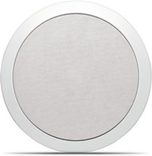 Vestavný kulatý bílý reproduktor Focal Custom IC 106, pohled zepředu, orámovaný tenkým černým kroužkem