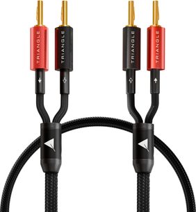 Zwarte gevlochten Triangle-luidsprekerkabel met dubbele uitgang, vergulde banaanconnectoren en rood-zwarte uiteinden in close-up