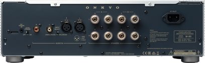 Amplificatore di potenza Onkyo M-80 argento, vista posteriore, chassis in metallo, ingressi XLR/RCA, morsetti diffusori A/B, presa IEC