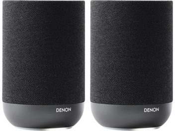 2 išmaniųjų kolonėlių Denon Home 200, anglies spalvos, komplektas, vaizdas iš priekio su juodomis grotelėmis ir apvalintu pagrindu