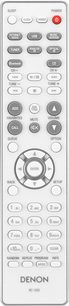 Hvid Denon RC-1222 fjernbetjening set forfra, med sorte knapper og navigationshjul